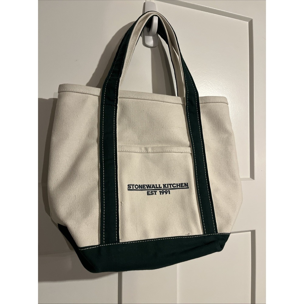Stonewall Kitchen Canvas Tote Bag Small White & Green Pockets Heavy Duty